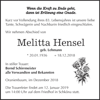 Traueranzeige von Melitta Hensel von Super Sonntag Wittenberg