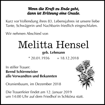 Traueranzeige von Melitta Hensel von Mitteldeutsche Zeitung Wittenberg