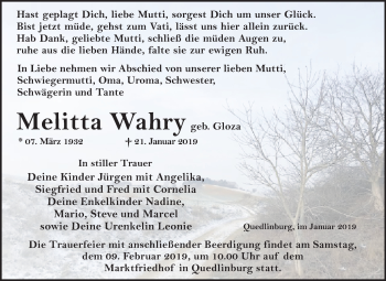 Traueranzeige von Melitta Wahry Gloza von Mitteldeutsche Zeitung Quedlinburg