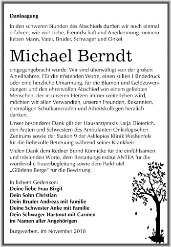 Traueranzeige von Michael Berndt von Mitteldeutsche Zeitung Weißenfels