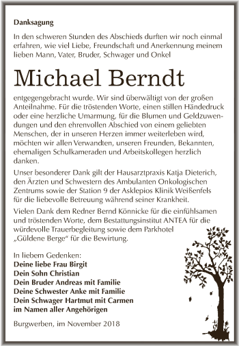 Traueranzeige von Michael Berndt von WVG - Wochenspiegel NMB / WSF / ZTZ