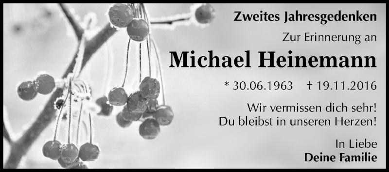  Traueranzeige für Michael Heinemann vom 17.11.2018 aus Mitteldeutsche Zeitung Quedlinburg