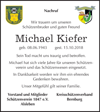 Traueranzeige von Michael Kiefer von Mitteldeutsche Zeitung Bernburg