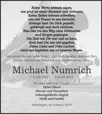 Traueranzeige von Michael Numrich von Super Sonntag Aschersleben