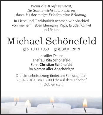 Traueranzeige von Michael Schönefeld von WVG - Wochenspiegel Wittenberg