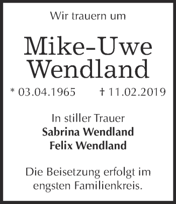 Traueranzeige von Mike-Uwe Wendland von Super Sonntag Bernburg