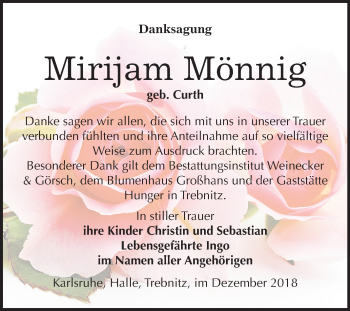 Traueranzeige von Mirijam Mönnig von Mitteldeutsche Zeitung Bernburg