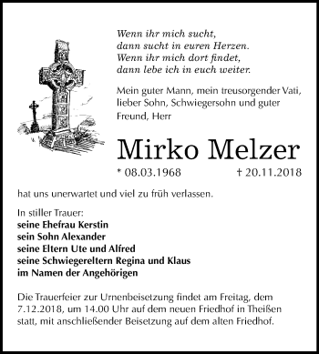 Traueranzeige von Mirko Melzer von Mitteldeutsche Zeitung Weißenfels