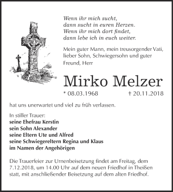 Traueranzeige von Mirko Melzer von WVG - Wochenspiegel NMB / WSF / ZTZ