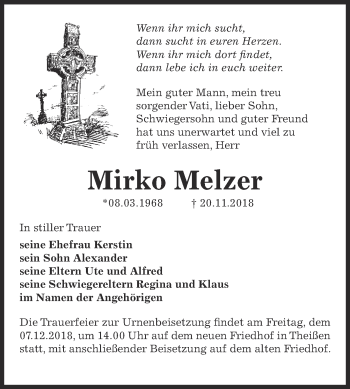 Traueranzeige von Mirko Melzer von Super Sonntag Zeitz