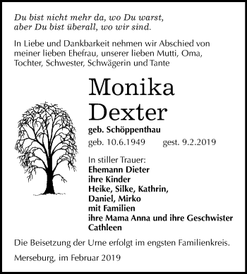 Traueranzeige von Monika Dexter von WVG - Wochenspiegel Merseburg
