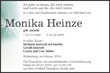 Traueranzeige von Monika Heinze von Super Sonntag Wittenberg