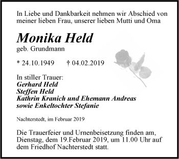 Traueranzeige von Monika Held von Super Sonntag Aschersleben