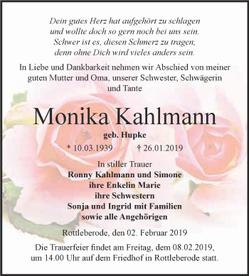 Traueranzeige von Monika Kahlmann von Super Sonntag SGH Mansf. Land