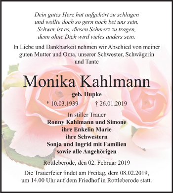 Traueranzeige von Monika Kahlmann von Mitteldeutsche Zeitung Sangerhausen