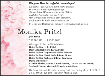 Traueranzeige von Monika Pritzl von WVG - Wochenspiegel Wittenberg