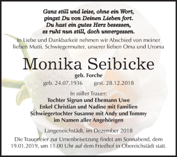Traueranzeige von Monika Seibicke von Mitteldeutsche Zeitung Merseburg/Querfurt