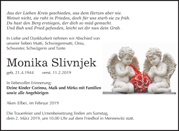 Traueranzeige von Monika Slivnjek von WVG - Wochenspiegel Dessau / Köthen