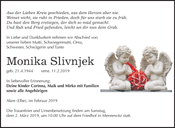 Traueranzeige von Monika Slivnjek von Mitteldeutsche Zeitung Köthen