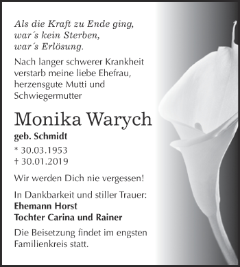 Traueranzeige von Monika Warych von Super Sonntag Bernburg