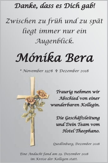 Traueranzeige von Mónika Bera von Super Sonntag Quedlinburg