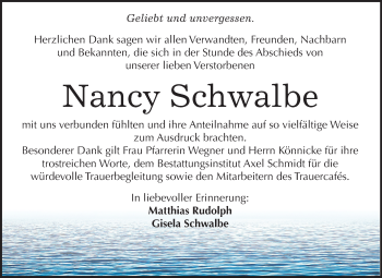 Traueranzeige von Nancy Schwalbe von Mitteldeutsche Zeitung Naumburg/Nebra