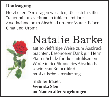Traueranzeige von Natalie Barke von WVG - Wochenspiegel Wittenberg