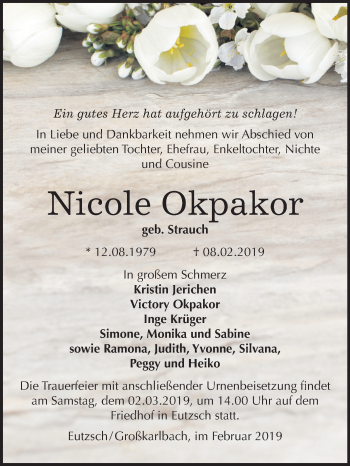Traueranzeige von Nicole Okpakor von Mitteldeutsche Zeitung