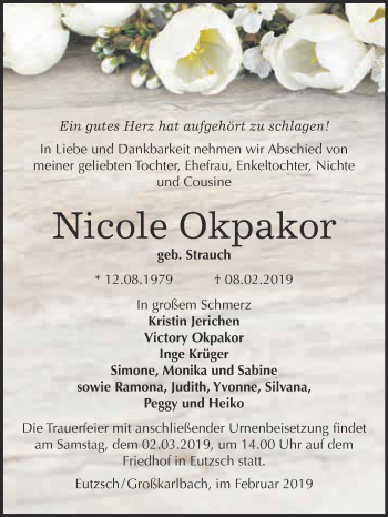 Traueranzeige von Nicole Okpakor von Super Sonntag Wittenberg