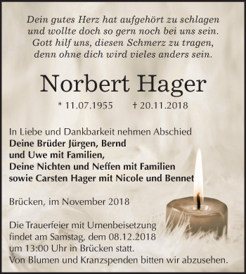 Traueranzeige von Norbert Hager von Mitteldeutsche Zeitung Sangerhausen