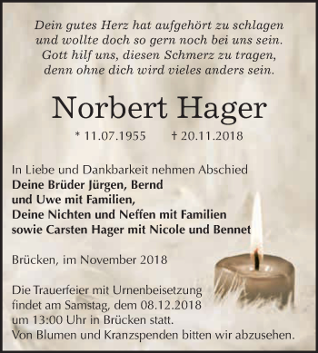 Traueranzeige von Norbert Hager von WVG - Wochenspiegel SGH