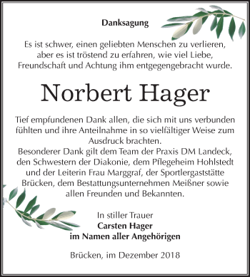 Traueranzeige von Norbert Hager von Mitteldeutsche Zeitung Sangerhausen