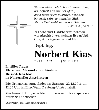 Traueranzeige von Norbert Kias von Mitteldeutsche Zeitung Merseburg/Querfurt