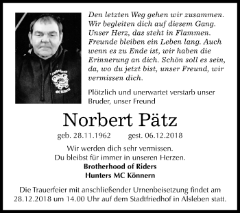 Traueranzeige von Norbert Pätz von Mitteldeutsche Zeitung Bernburg