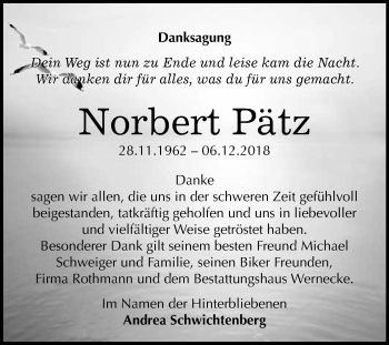Traueranzeige von Norbert Pätz von Super Sonntag Bernburg