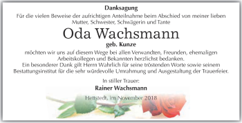 Traueranzeige von Oda Wachsmann von Wochenspiegel Mansfelder Land