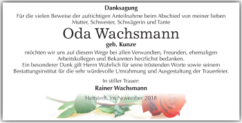 Traueranzeige von Oda Wachsmann von Mitteldeutsche Zeitung Aschersleben