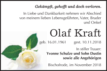 Traueranzeige von Olaf Kraft von Super Sonntag SGH Mansf. Land