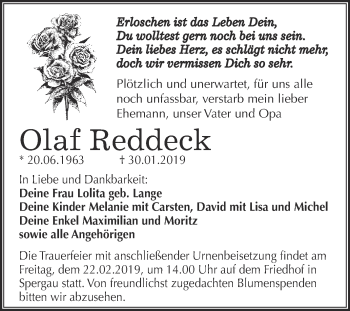 Traueranzeige von Olaf Reddeck von Super Sonntag Merseburg