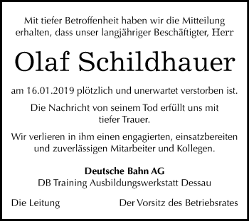 Traueranzeige von Olaf Schildhauer von Mitteldeutsche Zeitung Dessau-Roßlau