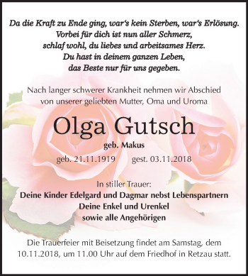 Traueranzeige von Olga Gutsch von Mitteldeutsche Zeitung Bitterfeld