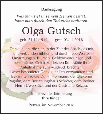 Traueranzeige von Olga Gutsch von WVG - Wochenspiegel Bitterfeld