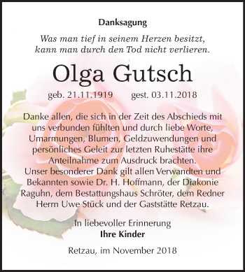 Traueranzeige von Olga Gutsch von Mitteldeutsche Zeitung Bitterfeld