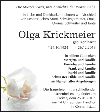 Traueranzeige von Olga Krickmeier von Mitteldeutsche Zeitung Bernburg