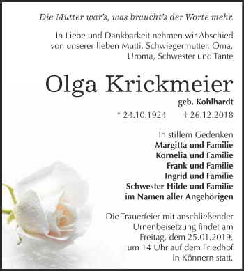 Traueranzeige von Olga Krickmeier von Super Sonntag Bernburg