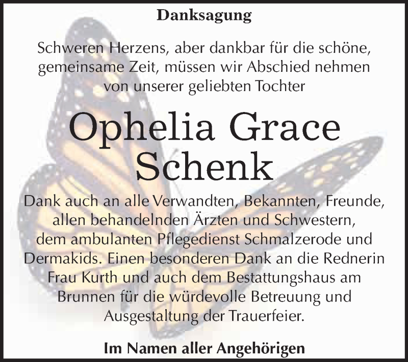  Traueranzeige für Ophelia Grace Schenk vom 12.01.2019 aus Super Sonntag SGH Mansf. Land