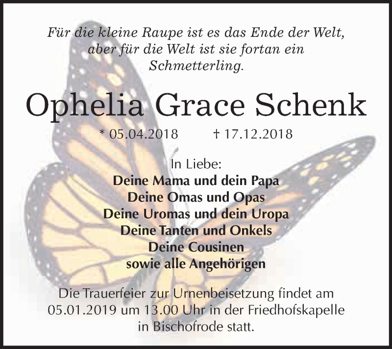  Traueranzeige für Ophelia Grace Schenk vom 29.12.2018 aus Super Sonntag SGH Mansf. Land