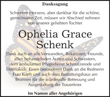Traueranzeige von Ophelia Grace Schenk von Mitteldeutsche Zeitung Aschersleben