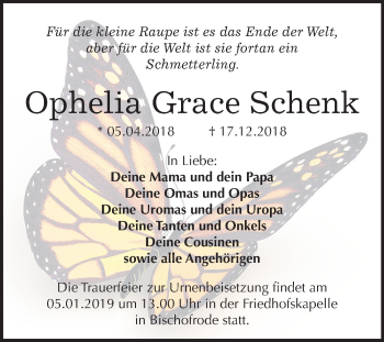 Traueranzeige von Ophelia Grace Schenk von Mitteldeutsche Zeitung Mansfelder Land