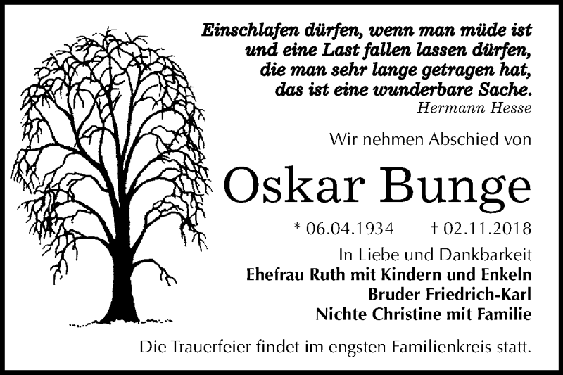  Traueranzeige für Oskar Bunge vom 17.11.2018 aus WVG - Wochenspiegel Dessau / Köthen